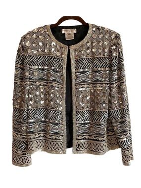 Adrianna Papell Sequin Blazer SM Silver Embellished Evening Jacket Silk Glam VTG